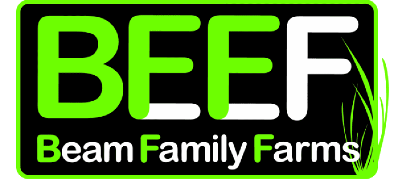 Logo of Beam Family Farms featuring the word "BEEF" in bold green and white letters, emphasizing high-quality beef products and family farming.