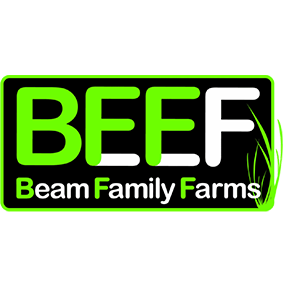 Logo of Beam Family Farms featuring the word "BEEF" prominently displayed in bold letters, emphasizing quality beef products sourced from a family-owned farm.