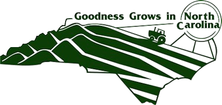 GGINC_logo Illustration of the state of North Carolina featuring a farm landscape with rolling hills and a tractor, accompanied by the text "Goodness Grows in North Carolina," symbolizing the state's agricultural heritage.