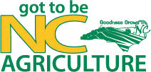 Logo for the "Got to Be NC Agriculture" campaign, featuring the outline of North Carolina and the tagline "Goodness Grows in NC," promoting local agriculture and farming in North Carolina.