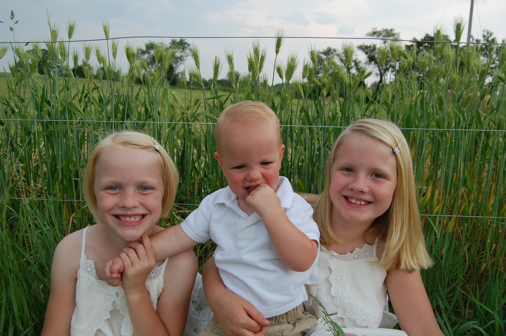 kids_farm Three children smiling in a field of tall green grass, with a wire fence in the background. The two girls are wearing white dresses, while the boy in the center is dressed in a white shirt and beige shorts. The scene captures a joyful family moment outdoors.